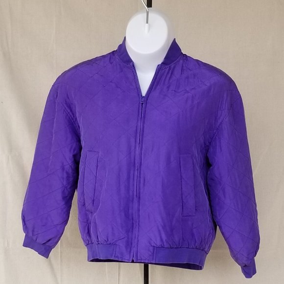 Vintage Silk Bomber Jacket- Purple Sz L - Picture 2 of 7